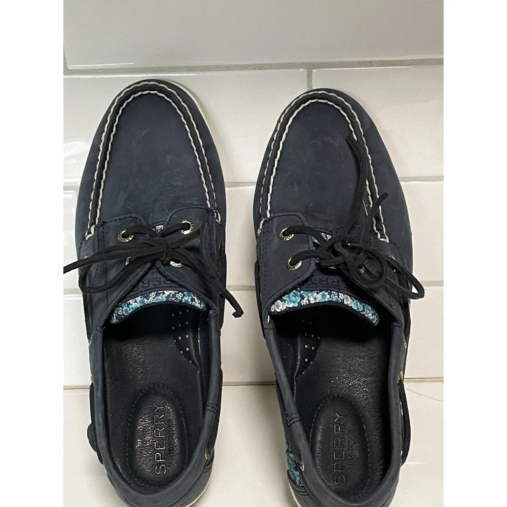 Sperry Top-Sider Women Boat Shoe Blue Leather Floral Print STS88692  Size 8 1/2W